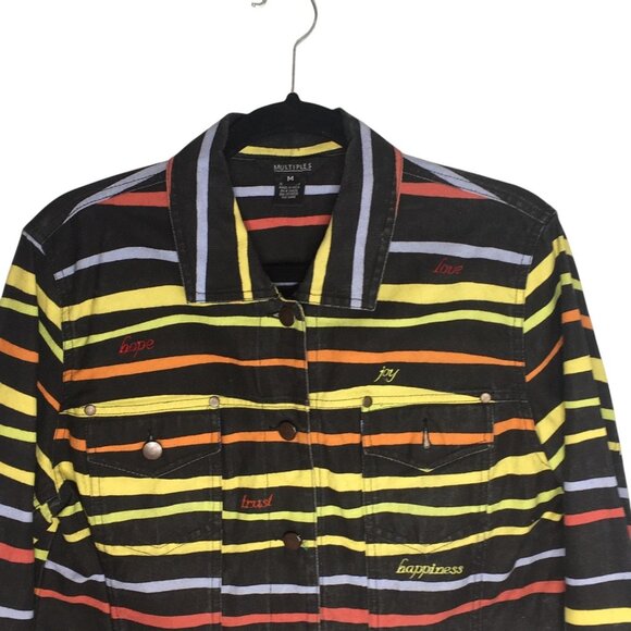 Unique Denim Jacket Womens Medium Black Multicolor Striped Embroidered Happiness - Picture 13 of 16